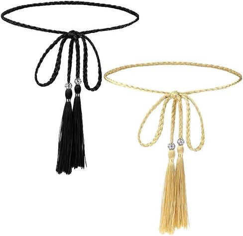 Tassel Braided Waist Belt, 2pcs Skinny Tie Waist Tassel Rope Belts for Women Girls Dress Skirt（Gold Black） in Saudi Arabia