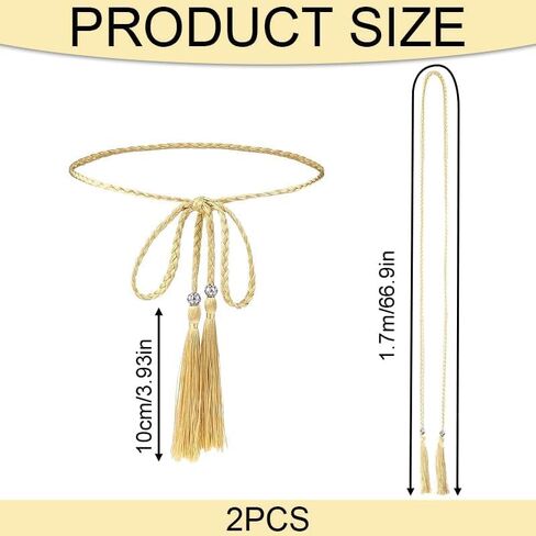 Tassel Braided Waist Belt, 2pcs Skinny Tie Waist Tassel Rope Belts for Women Girls Dress Skirt（Gold Black） in Saudi Arabia
