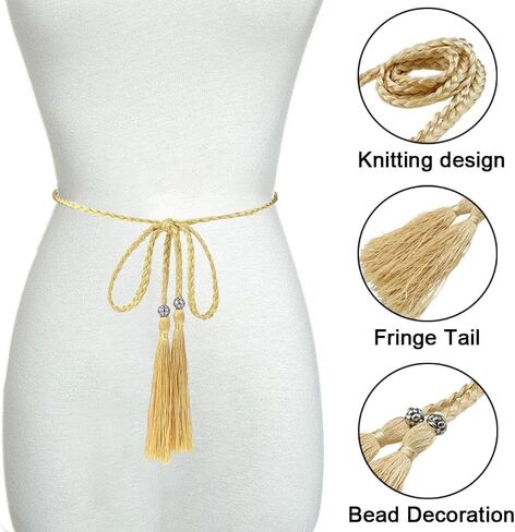 Tassel Braided Waist Belt, 2pcs Skinny Tie Waist Tassel Rope Belts for Women Girls Dress Skirt（Gold Black） in Saudi Arabia