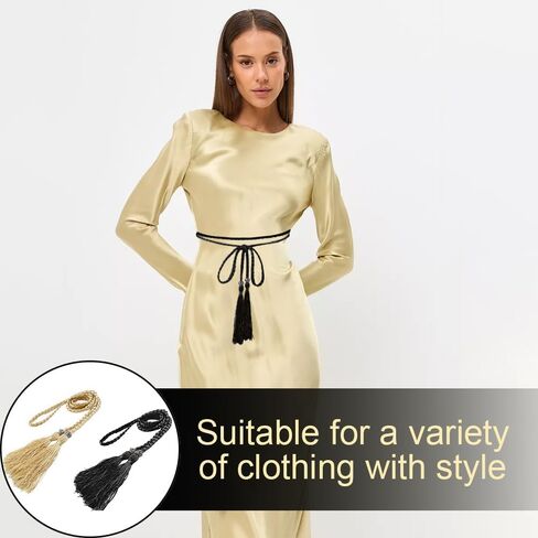 Tassel Braided Waist Belt, 2pcs Skinny Tie Waist Tassel Rope Belts for Women Girls Dress Skirt（Gold Black） in Saudi Arabia
