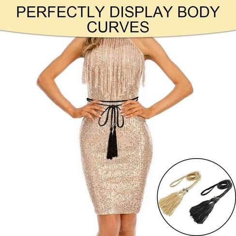 Tassel Braided Waist Belt, 2pcs Skinny Tie Waist Tassel Rope Belts for Women Girls Dress Skirt（Gold Black） in Saudi Arabia