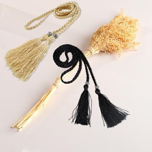 Tassel Braided Waist Belt, 2pcs Skinny Tie Waist Tassel Rope Belts for Women Girls Dress Skirt（Gold Black） in Saudi Arabia