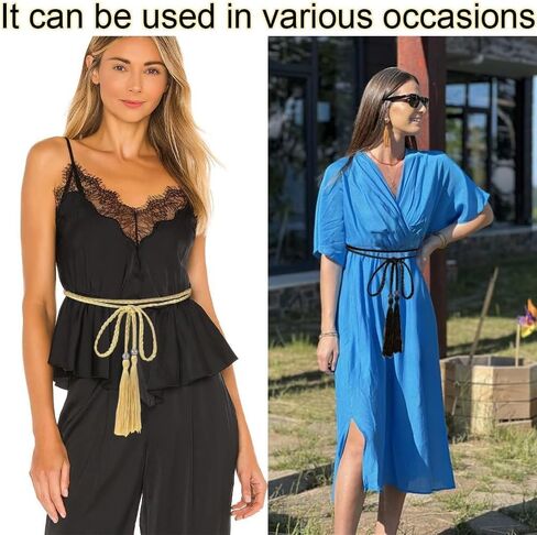 Tassel Braided Waist Belt, 2pcs Skinny Tie Waist Tassel Rope Belts for Women Girls Dress Skirt（Gold Black） in Saudi Arabia
