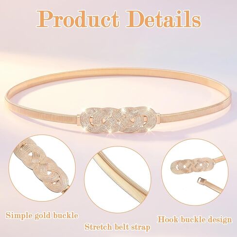 Andibro Skinny Elastic Gold Waist Belt for Women Dress, Gold Fancy Thin Elastic Chain Belt for Dress Ladies Dress Waist Band in Kuwait