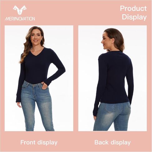 MERINNOVATION Merino Wool Base Layer Women - Size L 100% Merino Wool Shirts for Women Lite - Midweight Long Sleeve V-Neck Tops in Saudi Arabia