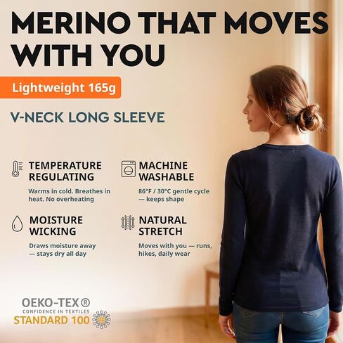 MERINNOVATION Merino Wool Base Layer Women - Size L 100% Merino Wool Shirts for Women Lite - Midweight Long Sleeve V-Neck Tops in Saudi Arabia