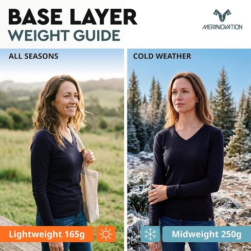 MERINNOVATION Merino Wool Base Layer Women - Size L 100% Merino Wool Shirts for Women Lite - Midweight Long Sleeve V-Neck Tops in Saudi Arabia