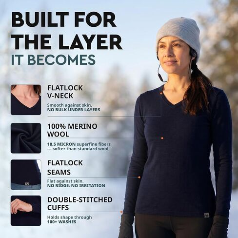 MERINNOVATION Merino Wool Base Layer Women - Size L 100% Merino Wool Shirts for Women Lite - Midweight Long Sleeve V-Neck Tops in Saudi Arabia