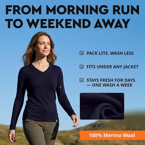 MERINNOVATION Merino Wool Base Layer Women - Size L 100% Merino Wool Shirts for Women Lite - Midweight Long Sleeve V-Neck Tops in Saudi Arabia