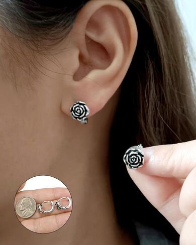 Small 925 Sterling Silver Hoop Earrings for Women Shaped Rose Flower Earrings Gothic Floral Jewelry for Valentine's Day in Kuwait