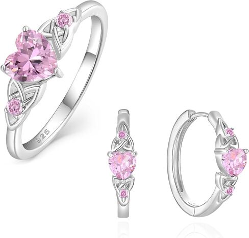 Sterling Silver Size 9 Rings for Women Hoops Earrings Created Pink Tourmaline Celtic Knot Jewelry Set in Saudi Arabia
