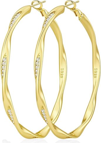 BMMYE Sterling Silver Post Hoops Earrings for Women Hypoallergenic Sparkly Hoops 14K Gold Plated Twisted Hoop Earrings (30/40/50/60 MM) in Saudi Arabia
