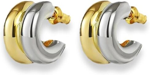 Two Tone Chunky Earrings Gold and Silver Double Hoop Earrings Dangle Statement Earrings Mixed Metal Earrings Waterproof Fashion Earrings for Women in Saudi Arabia