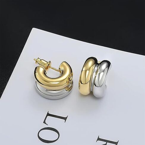 Two Tone Chunky Earrings Gold and Silver Double Hoop Earrings Dangle Statement Earrings Mixed Metal Earrings Waterproof Fashion Earrings for Women in Saudi Arabia
