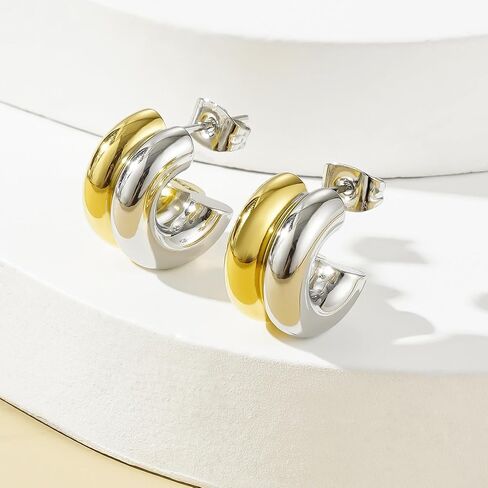 Two Tone Chunky Earrings Gold and Silver Double Hoop Earrings Dangle Statement Earrings Mixed Metal Earrings Waterproof Fashion Earrings for Women in Saudi Arabia