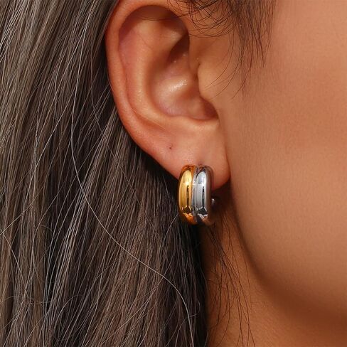 Two Tone Chunky Earrings Gold and Silver Double Hoop Earrings Dangle Statement Earrings Mixed Metal Earrings Waterproof Fashion Earrings for Women in Saudi Arabia