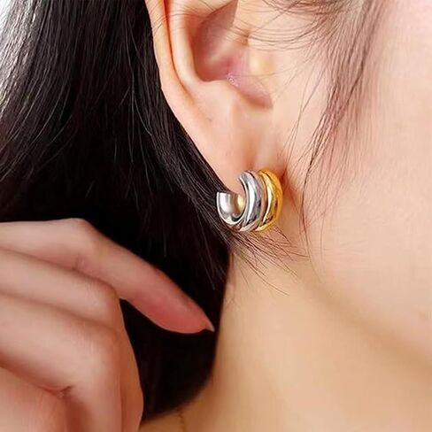 Two Tone Chunky Earrings Gold and Silver Double Hoop Earrings Dangle Statement Earrings Mixed Metal Earrings Waterproof Fashion Earrings for Women in Saudi Arabia
