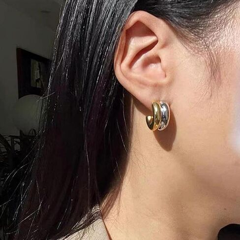 Two Tone Chunky Earrings Gold and Silver Double Hoop Earrings Dangle Statement Earrings Mixed Metal Earrings Waterproof Fashion Earrings for Women in Saudi Arabia