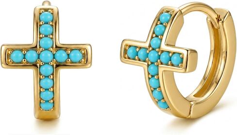 Gold Cross Hoop Earrings for Women Trendy 14K Gold Plated Small Huggie Earrings 20G Handmade CZ Turquoise Hypoallergenic Cross Hoop Huggie Earrings in Saudi Arabia