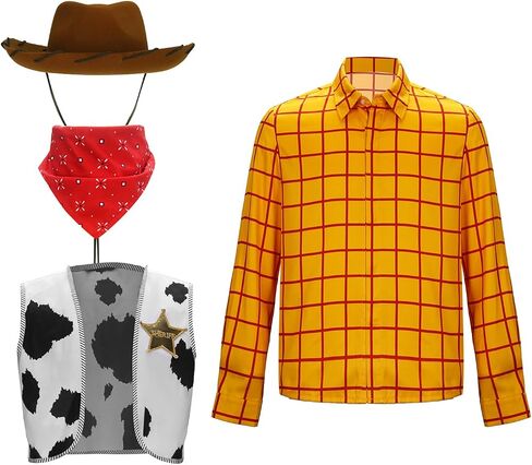 PARTYEVER Cowboy Costume Men's Lapel Tartan Shirt Cowboys Hat Vest Scarf With Sheriff Badge Halloween Outfits in Saudi Arabia