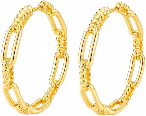 14K Gold Hoop Earrings for Women, Lightweight Chain Link Round Hoop Earrings with Twisted Rope Detail, Classic Chunky Gold Hoops, Hypoallergenic Everyday Wear Jewelry Gift 25mm/30mm in Saudi Arabia
