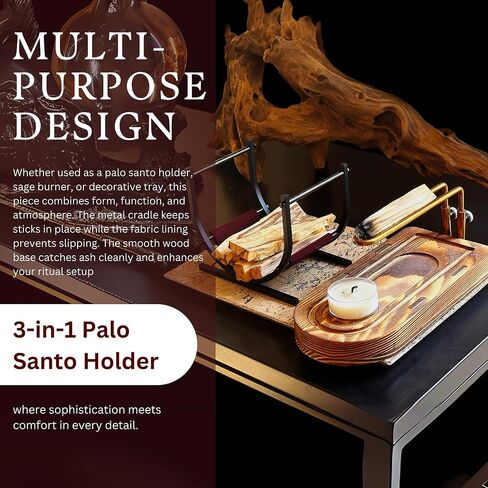 3-in-1 Palo Santo Burner & Holder Set, Wooden Ash Catcher Base with Metal Frame for Palo Santo Sticks, Sage & Smudge Sticks, Palo Santo Stand for Home Decor (3 in 1) in Saudi Arabia