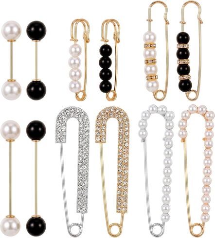 Fumwase 12PCS Faux Pearl Brooch Pins for Women Fashion Safety Sweater Shawl Clips Clothing Accessory Set Pearl Rhinestones Brooches for Scarves Blouses Dresses in Kuwait