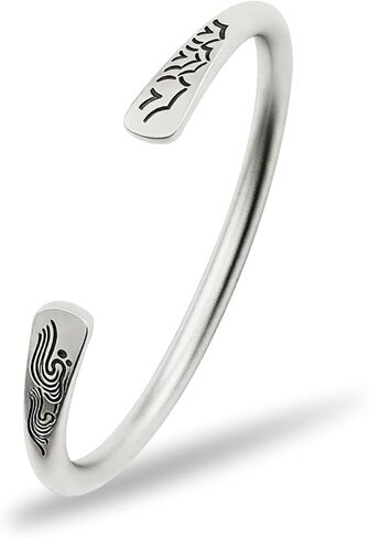 Silver Mountain and Sea Carved Pattern Adjustable Cuff Bracelet Stackable Bangle Jewelry for Women Trendy in Kuwait