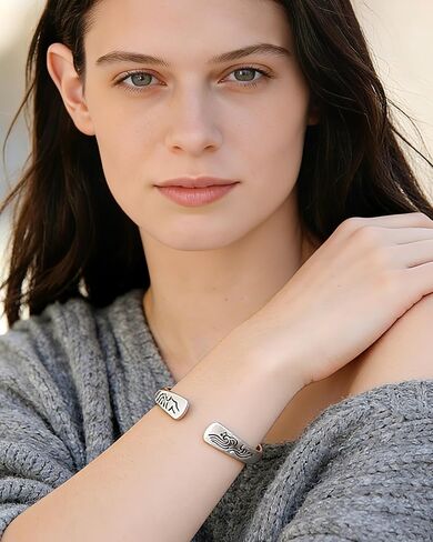 Silver Mountain and Sea Carved Pattern Adjustable Cuff Bracelet Stackable Bangle Jewelry for Women Trendy in Kuwait