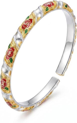 Vintage Floral Enamel Cuff Bracelet for Women, Open Cuff Chinoiserie Cloisonne Bangle, Crafted with 600 Years of Royal Court Artistry and 108 Handmade Processes, Elegant Flower Jewelry for Daily & Party Wear in Saudi Arabia