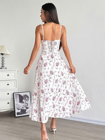 Floral Midi Dress, Sweetheart Neck A Line Casual Sundress for Women with Ruched Bust Detail for Summer Vacation Wear in Kuwait