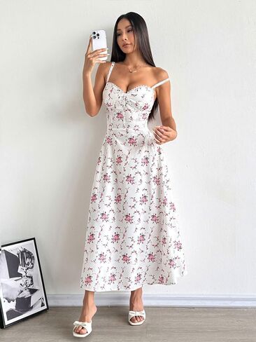 Floral Midi Dress, Sweetheart Neck A Line Casual Sundress for Women with Ruched Bust Detail for Summer Vacation Wear in Kuwait