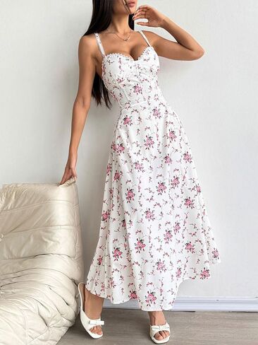 Floral Midi Dress, Sweetheart Neck A Line Casual Sundress for Women with Ruched Bust Detail for Summer Vacation Wear in Kuwait