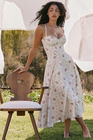 Floral Midi Dress, Sweetheart Neck A Line Casual Sundress for Women with Ruched Bust Detail for Summer Vacation Wear in Kuwait