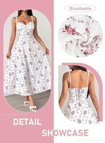 Floral Midi Dress, Sweetheart Neck A Line Casual Sundress for Women with Ruched Bust Detail for Summer Vacation Wear in Kuwait