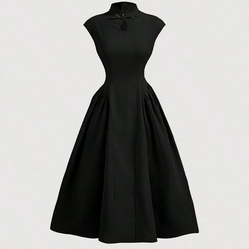 Womens Mandarin Collar Cap Sleeve Cheongsam Knot Pleated A-Line Midi Dress Casual Party Dress in Kuwait