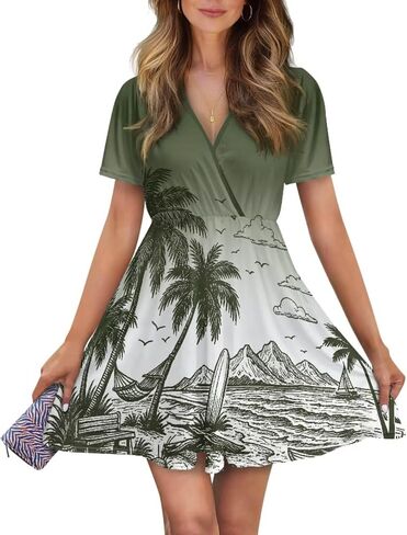 V Neck Dresses for Women Short Sleeved Mini Dress Pleated Waist Summer A-Line Dress in Saudi Arabia