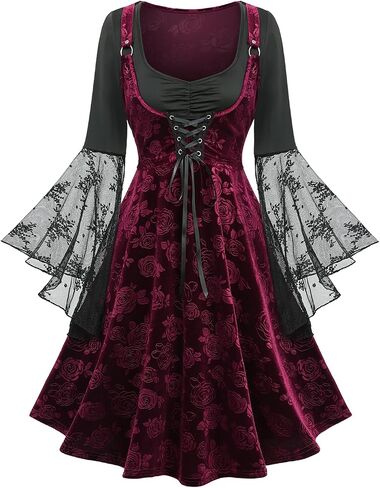 DRESSFO Women's A-Line 2-in-1 Dress – Lace Flare Sleeves Velvet Embossed Dress with Lace-Up Front and Rose Floral Pattern in Saudi Arabia