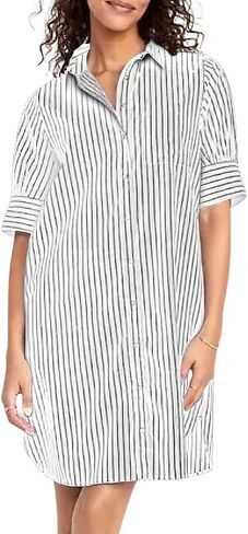 chouyatou Women's Summer Casual Stripe Shirt Dress Button Down Loose Fit Holiday Mini Shift Dress in Kuwait