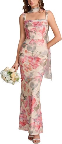Parthea Formal Wedding Guest Dresses for Women Corset Ruched Bodycon Cocktail Bridesmaid Elegant Maxi Dress with Scarf in Kuwait