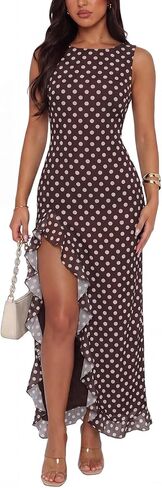 UNCOOYEE Women Sexy High Slit Mesh Ruffle Mermaid Maxi Dress Sleeveless Bodycon Wedding Guest Cocktail Party Dress in Saudi Arabia