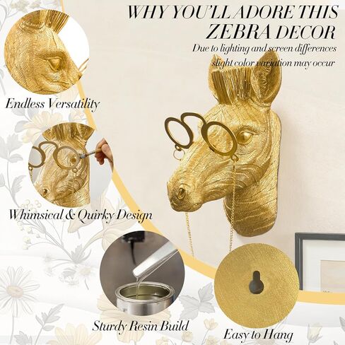 Juedawyal Gold Zebra Wall Sculpture with Glasses, 6.5" Resin Animal Head Decor, Quirky Wall-Mounted Accent for Entryway, Living Room, Home Office, Modern Gold Novelty Art Ornament in Saudi Arabia