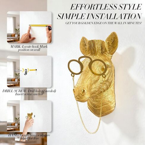 Juedawyal Gold Zebra Wall Sculpture with Glasses, 6.5" Resin Animal Head Decor, Quirky Wall-Mounted Accent for Entryway, Living Room, Home Office, Modern Gold Novelty Art Ornament in Saudi Arabia