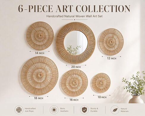 ZYApril Wicker 20 Inch Jute Wall Decor Baskets, Set of 6 Boho Woven Jute Wall Plates, 20",18",16",14",12,10", Decorative Baskets for Wall Arts, Round Wall Mirror for Bedroom, Living Room, Office in Saudi Arabia
