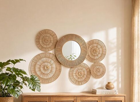 ZYApril Wicker 20 Inch Jute Wall Decor Baskets, Set of 6 Boho Woven Jute Wall Plates, 20",18",16",14",12,10", Decorative Baskets for Wall Arts, Round Wall Mirror for Bedroom, Living Room, Office in Saudi Arabia