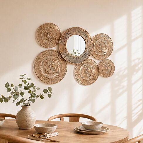 ZYApril Wicker 20 Inch Jute Wall Decor Baskets, Set of 6 Boho Woven Jute Wall Plates, 20",18",16",14",12,10", Decorative Baskets for Wall Arts, Round Wall Mirror for Bedroom, Living Room, Office in Saudi Arabia