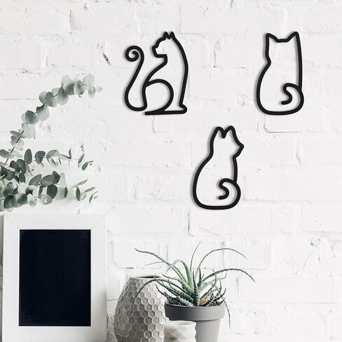 werdecade 3 Pack Cat Wall Decor Black Metal Minimalist Line Art Hanging Wall Hangings for Kitchen Living Room Cafe 7.8 Inch Waterproof Metal Cat Wall Art (black) in Saudi Arabia
