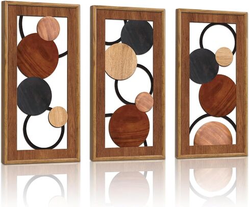 KAIRNE Boho Abstract Wooden Wall Art,3 pieces Vintage Modern Wall Sculptures,Rustic Farmhouse Framed Hanging Decor,Minimalist Mid Century Wall Decor for Living Room Bedroom Kitchen Office,8X16 inch in Saudi Arabia