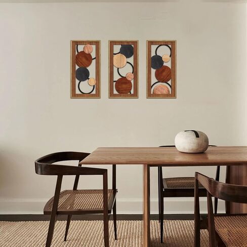 KAIRNE Boho Abstract Wooden Wall Art,3 pieces Vintage Modern Wall Sculptures,Rustic Farmhouse Framed Hanging Decor,Minimalist Mid Century Wall Decor for Living Room Bedroom Kitchen Office,8X16 inch in Saudi Arabia
