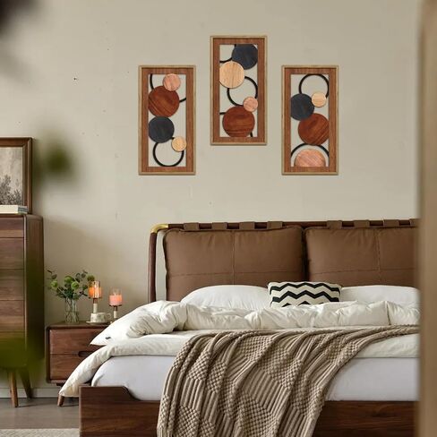 KAIRNE Boho Abstract Wooden Wall Art,3 pieces Vintage Modern Wall Sculptures,Rustic Farmhouse Framed Hanging Decor,Minimalist Mid Century Wall Decor for Living Room Bedroom Kitchen Office,8X16 inch in Saudi Arabia